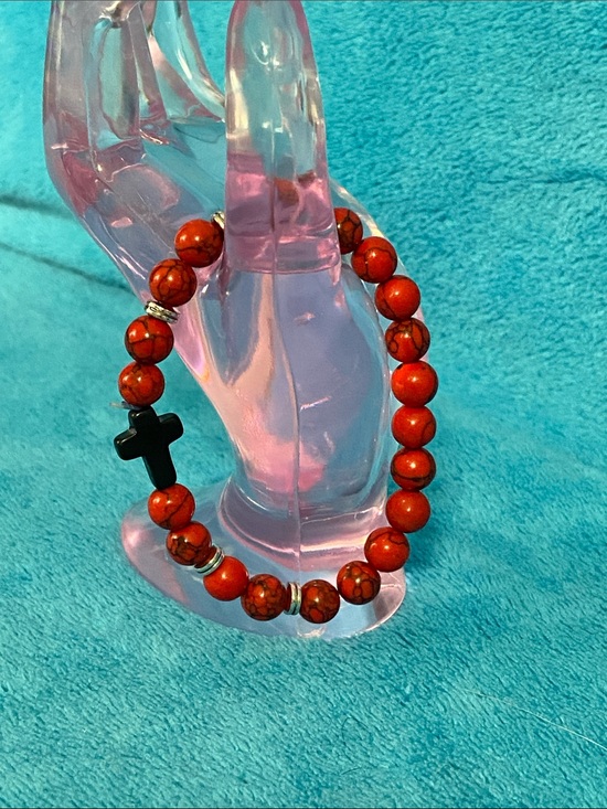 Jewelry - Red Beaded Bracelet with Black Cross Charm